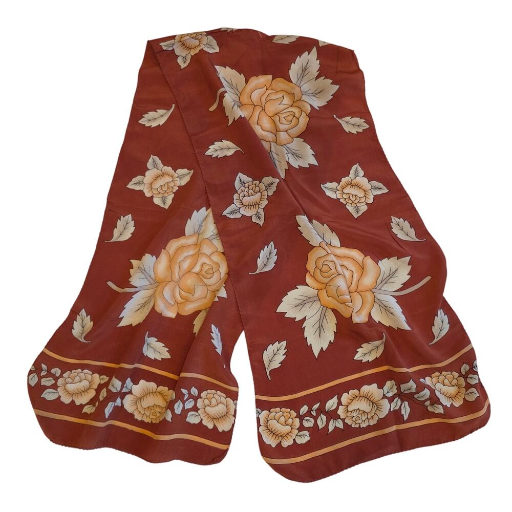 Vintage 70s Pure Silk Scarf Terracotta Rust Orange Earthy Floral Long Oblong
